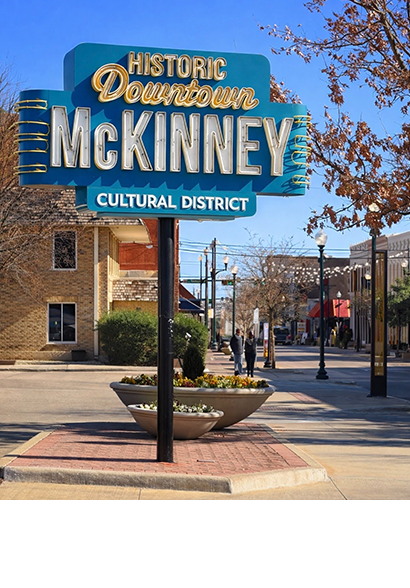The town sign for the cultural district in McKinney, Texas.