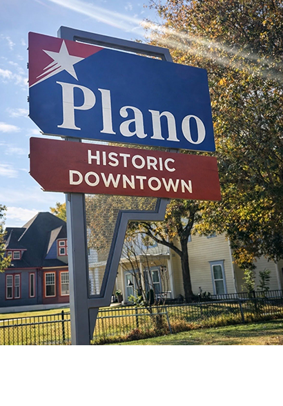 The town sign for the historic downtown of Plano, Texas